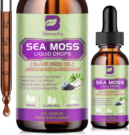 B BEWORTHS Organic Sea Moss Liquid Drops with Black Seed Oil, Elderberry & Ashwagandha