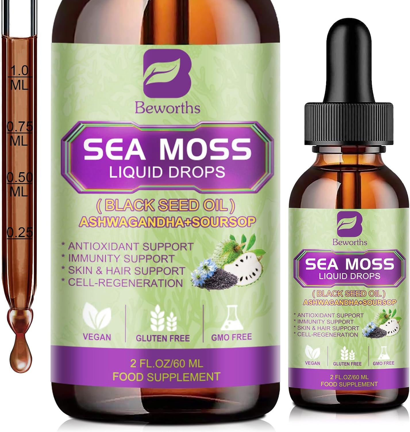 B BEWORTHS Sea Moss & Black Seed Oil Liquid Drops with Irish Sea Moss, Burdock Root, Bladderwrack, Elderberry, Spirulina - 120 ml, Vegan - görsel 9