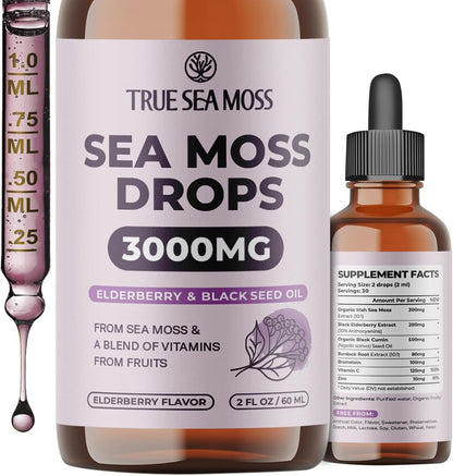 TrueSeaMoss Irish Sea Moss Liquid Drops – Black Cumin Seed Oil, Bladderwrack Extract, Burdock Root, Vitamin C & Zinc – Apple Flavour – 30 Servings