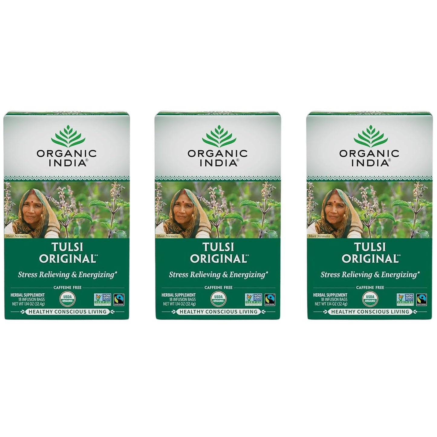 ORGANIC INDIA Tulsi Original Herbal Tea - Holy Basil & African Basil, For Relaxation, Traditional Immune Support, Organic, Non-GMO, Caffeine-Free - 18 Infusion Bags, 3 Pack - görsel 1