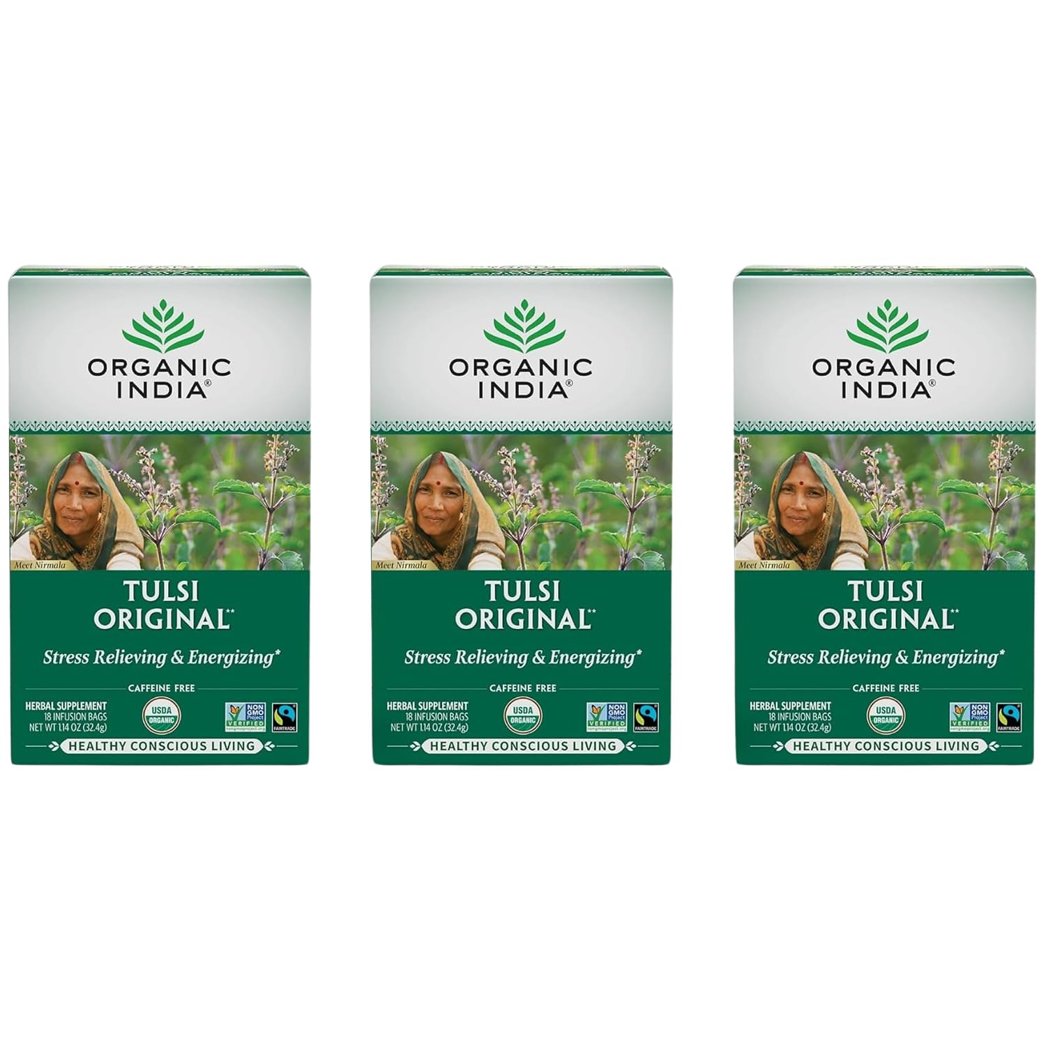 ORGANIC INDIA Tulsi Original Herbal Tea - Holy Basil & African Basil, For Relaxation, Traditional Immune Support, Organic, Non-GMO, Caffeine-Free - 18 Infusion Bags, 3 Pack - görsel 1