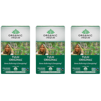 ORGANIC INDIA Tulsi Original Herbal Tea - Holy Basil & African Basil, For Relaxation, Traditional Immune Support, Organic, Non-GMO, Caffeine-Free - 18 Infusion Bags, 3 Pack
