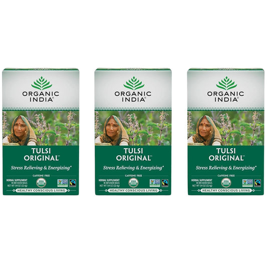 ORGANIC INDIA Tulsi Original Herbal Tea - Holy Basil & African Basil, For Relaxation, Traditional Immune Support, Organic, Non-GMO, Caffeine-Free - 18 Infusion Bags, 3 Pack