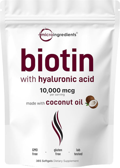 Micro Ingredients Biotin 10,000 mcg with Hyaluronic Acid – 365 Softgels