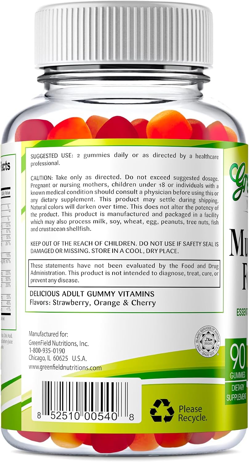 Greenfield Nutritions Halal Multivitamin Gummies for Adults – Gelatine-Free with Vitamin D3, B6, B12, Zinc & C (90 Gummies) - görsel 2