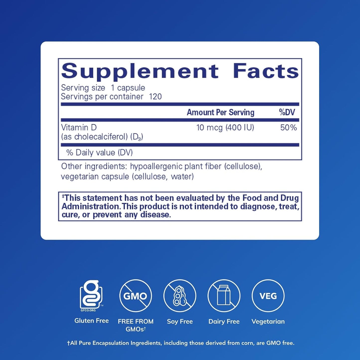 Pure Encapsulations Vitamin D3 10 µg (400 IU) – Hypoallergenic Support for Bone, Immune, and Cellular Health – 120 Capsules - görsel 2