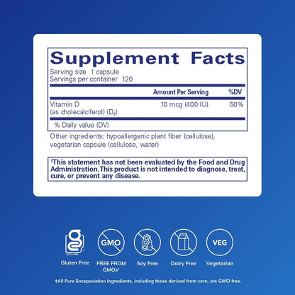 Pure Encapsulations Vitamin D3 10 µg (400 IU) – Hypoallergenic Support for Bone, Immune, and Cellular Health – 120 Capsules