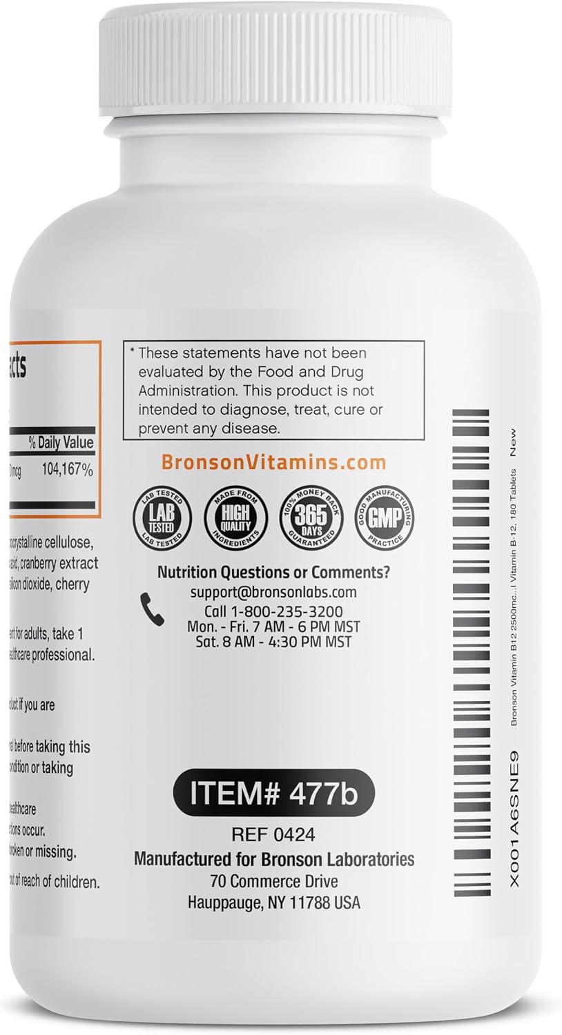 Bronson Vitamin B12 2500mcg Sublingual Tablets - Cherry Flavoured Fast Dissolve - 180 Tablets - görsel 5