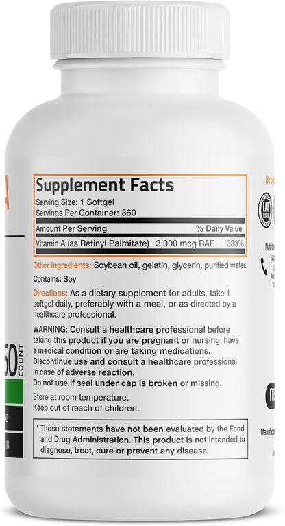 Bronson Vitamin A 10,000 IU Premium Non-GMO Formula, 360 Softgels
