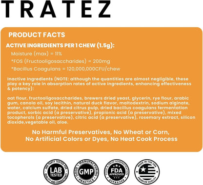 TRATEZ Probiotics for Dogs - Bacillus Coagulans & Prebiotic Fibre Soft Chews - Digestive and Immune Support - Duck Flavour - 90 Count