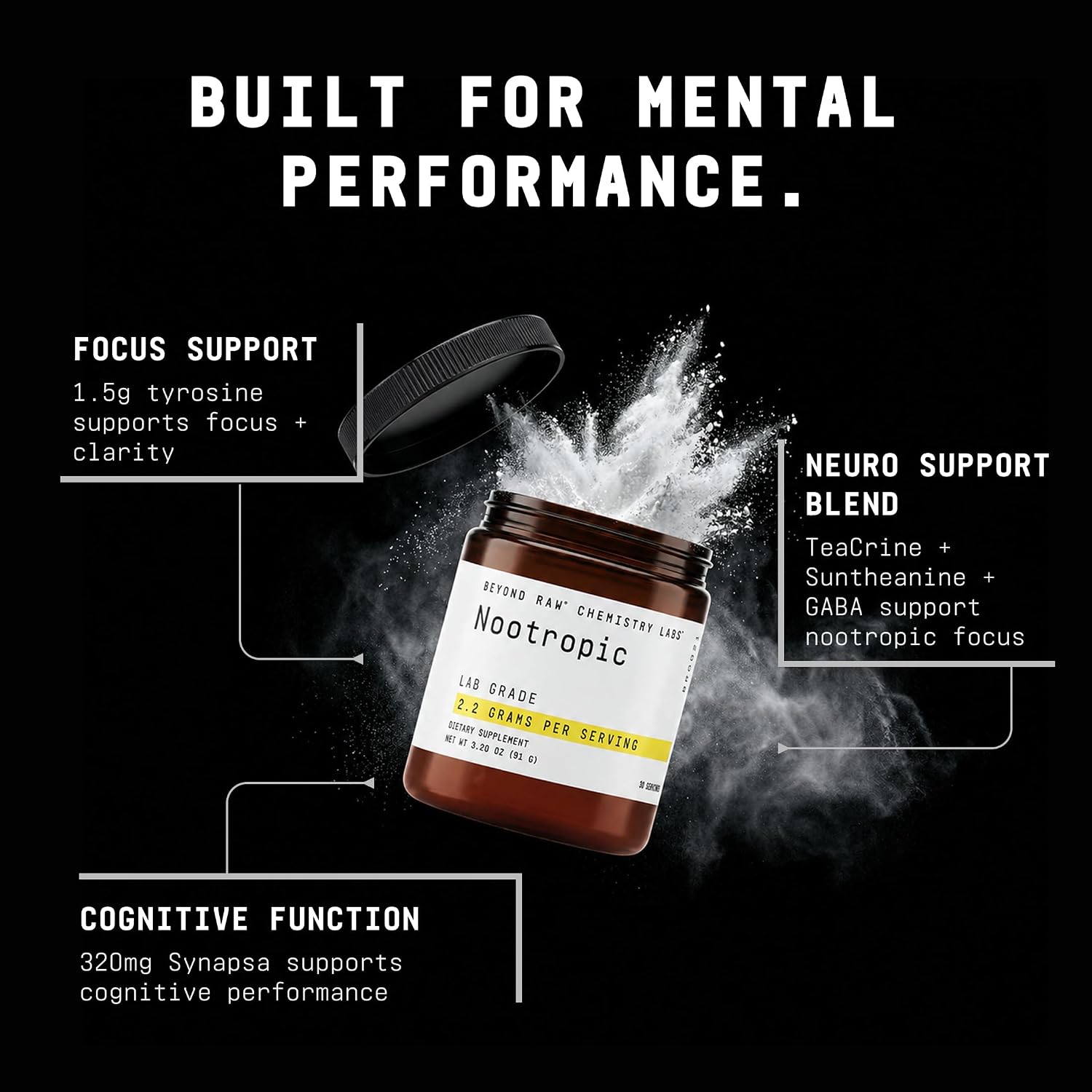 BEYOND RAW Chemistry Labs Nootropic Powder - Cognitive Enhancer & Memory Support, 30 Servings - görsel 3