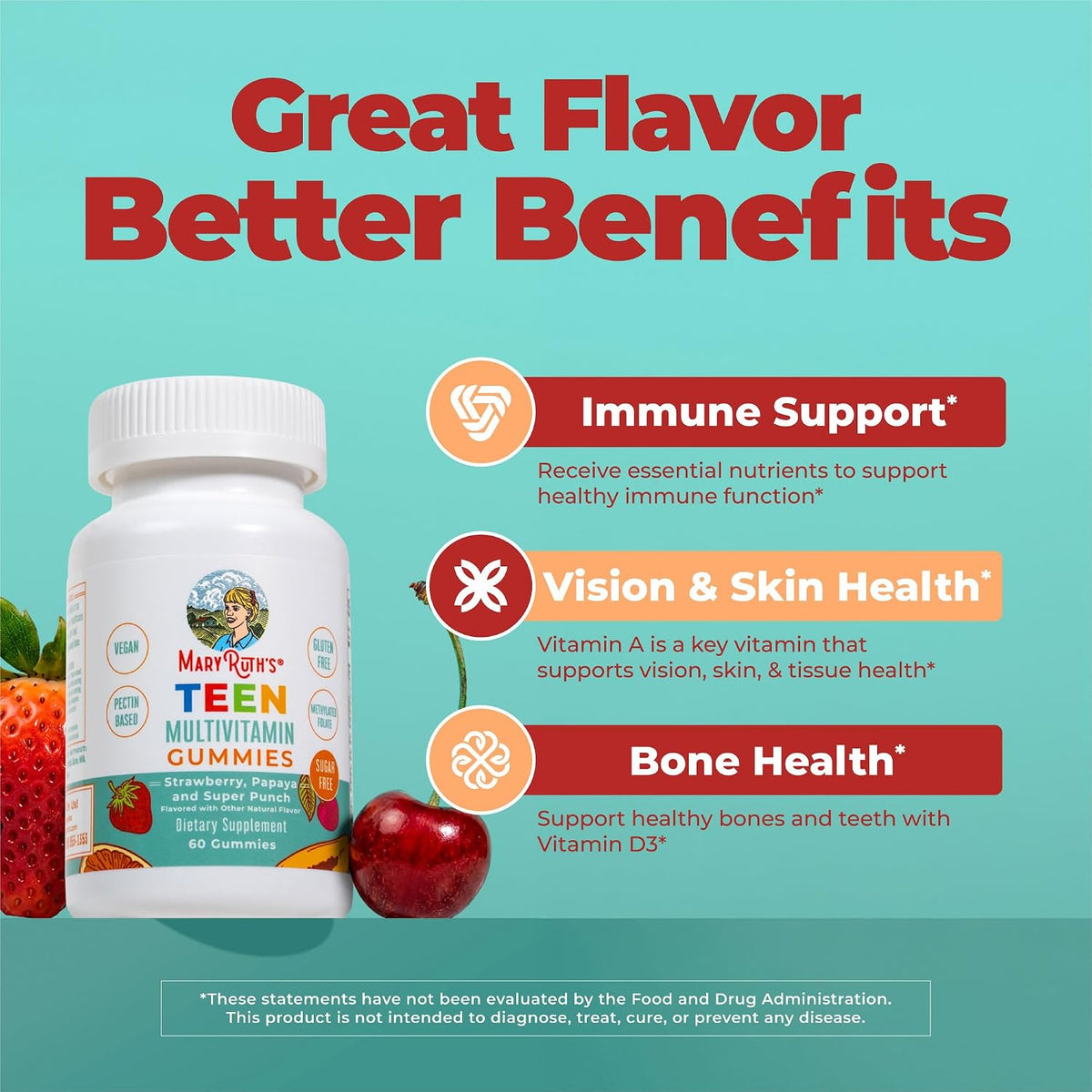 MaryRuth's Multivitamin Gummies for Teens | Vitamin D3, A, C, E, B6, B12, Zinc, Iodine, Biotin | Immunity, Bone, & Skin Health | Vegan, Sugar Free, Gluten-free | 60 Gummies - görsel 4