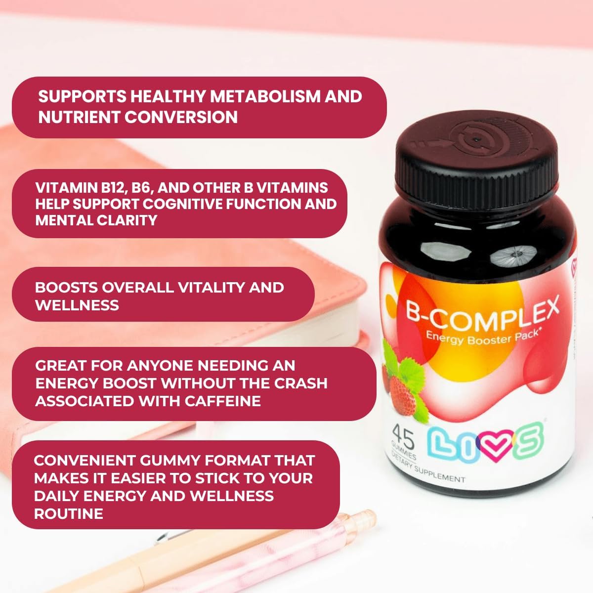 LIVS Vitamin B Complex Gummies with B12, Biotin, B3, B6 and Vitamin C – Strawberry Flavour (45 Count) - görsel 4