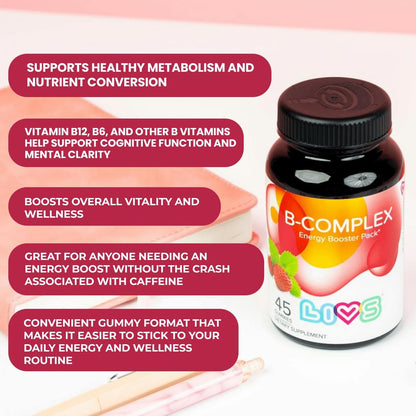 LIVS Vitamin B Complex Gummies with B12, Biotin, B3, B6 and Vitamin C – Strawberry Flavour (45 Count)