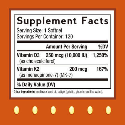 Doctor's Recipes Vitamin D3 K2, 10,000 IU, 200 mcg, MK-7, Supports Normal Bone Maintenance, Teeth, Immune Function, Blood Coagulation, Energy, Calcium Absorption, No Soya & Gluten, Non-GM, 120 Soft gel capsules