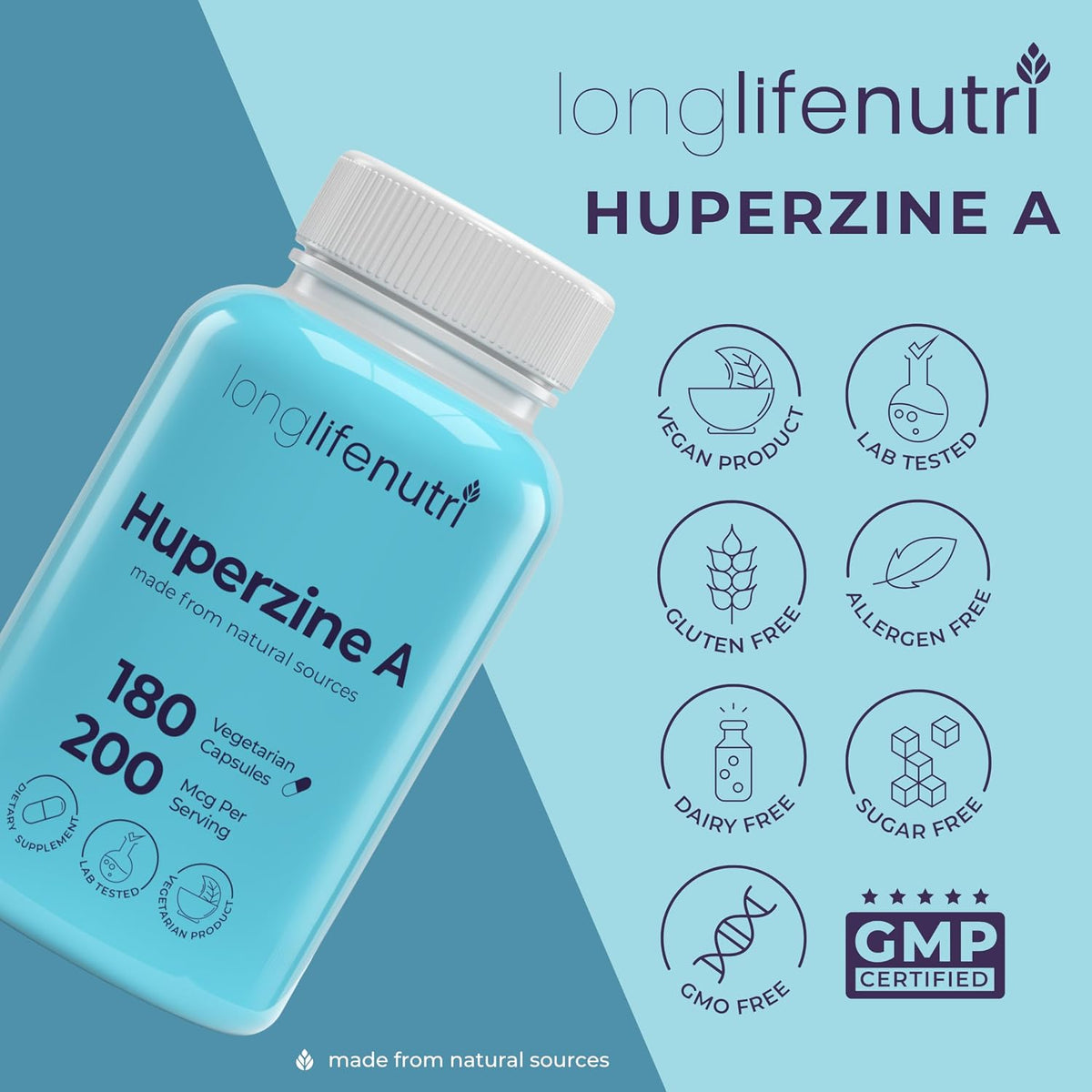 LongLifeNutri Huperzine A 200 mcg - Huperzia serrata Leaf Extract, 180 Vegetarian Capsules, Natural Nootropic for Concentration, Memory, and Clarity - görsel 7