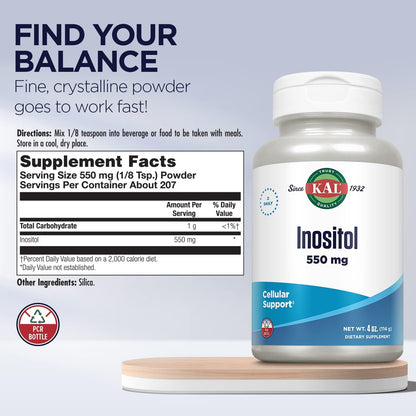 KAL Inositol Powder – 550 mg per Serving, Brain and Mood Support Supplement, 113 g (207 Servings)