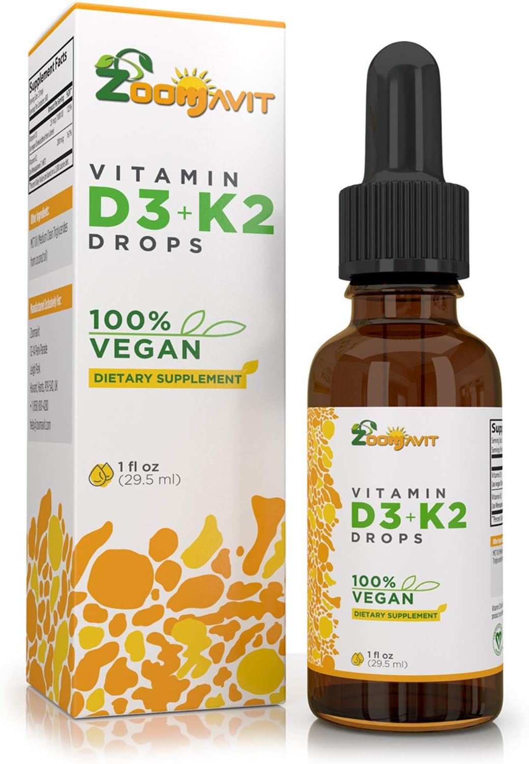 Vegan Liquid Drops Vitamin D3 K2 (MK-7) - Plant-Based with Coconut Oil for Improved Absorption - 1000 IU D3 & 200 mcg K2 per Serving - görsel 1