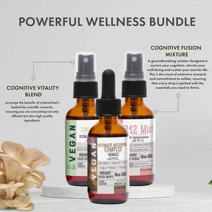 Cognitive Wellness Bundle Liquid Vitamin Trio: Methylcobalamin B12, Lion's Mane, Reishi, Chaga Mushroom Complex & Zinc – Image 2