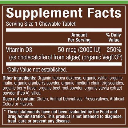 Organic Vitamin D3 50 MCG (2,000 IU) Whole Food Vitamin - Mixed Berry (60 Chewable Tablets)