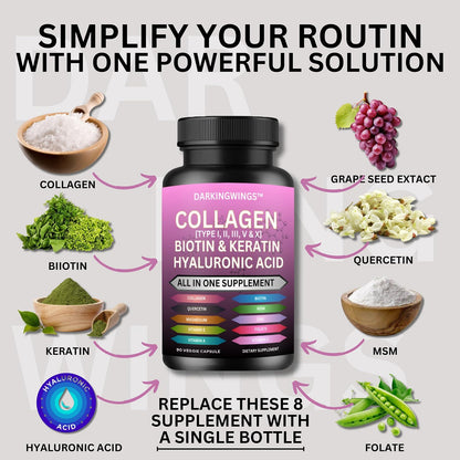 Darkingwings Multi Collagen Peptides Capsules - 14-in-1 with Types I, II, III, V & X, Biotin, Keratin, HA, MSM, Vitamin C, Zinc & More