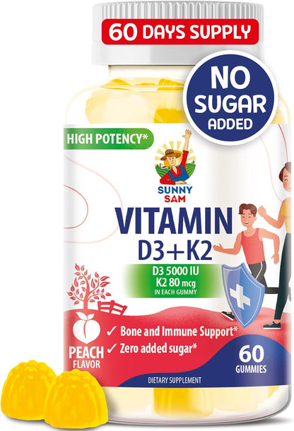 SUNNY SAM Vitamin D3 K2 Gummies - 5000 IU with 80 mcg MK-7 - Sugar-Free, Vegan - 30 Count