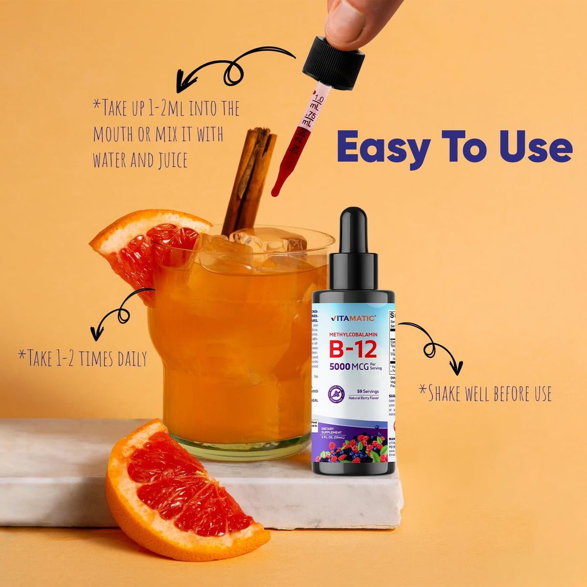 Vitamatic Liquid Vitamin B12 5000 mcg (Methylcobalamin) - Natural Berry Flavour - Sublingual - 2 Pack - görsel 3