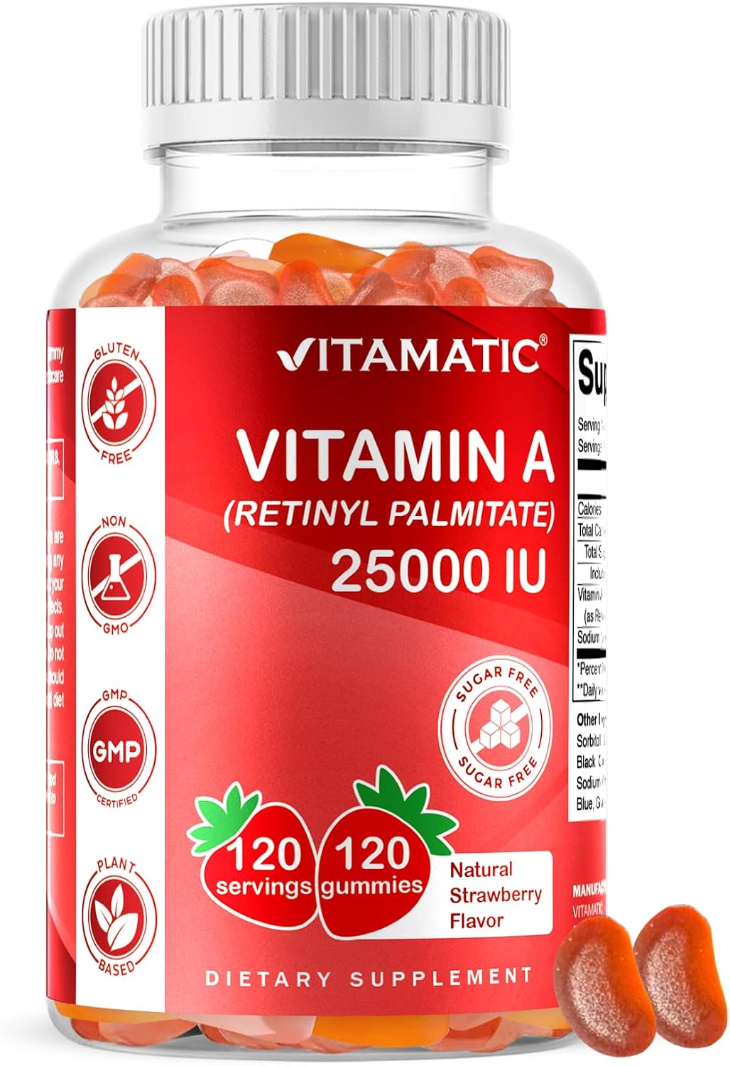 Vitamatic Vitamin A 25,000 IU Gummies – Sugar-Free Retinyl Palmitate – 1 Daily Gummy, 120 Servings – Natural Strawberry Flavour – Pectin Based – 120 Count - görsel 1