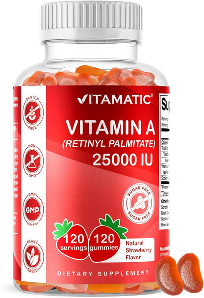 Vitamatic Vitamin A 25,000 IU Gummies – Sugar-Free Retinyl Palmitate – 1 Daily Gummy, 120 Servings – Natural Strawberry Flavour – Pectin Based – 120 Count