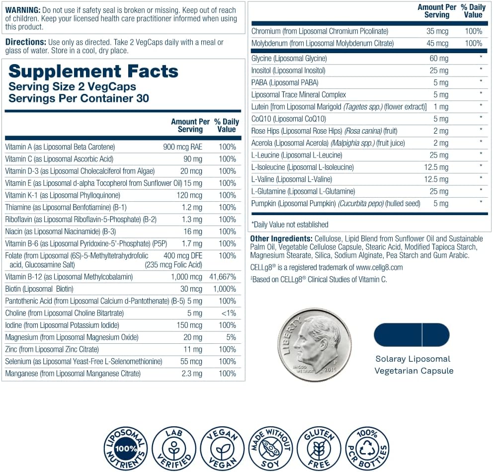 SOLARAY Liposomal Multivitamin for Men – Enhanced Absorption, Immune, Energy & Bone Support, Men's Daily Multi with BCAAs, Vitamin D3, C, B12, Zinc – Vegan, Soya Free, 60 VegCaps - görsel 2