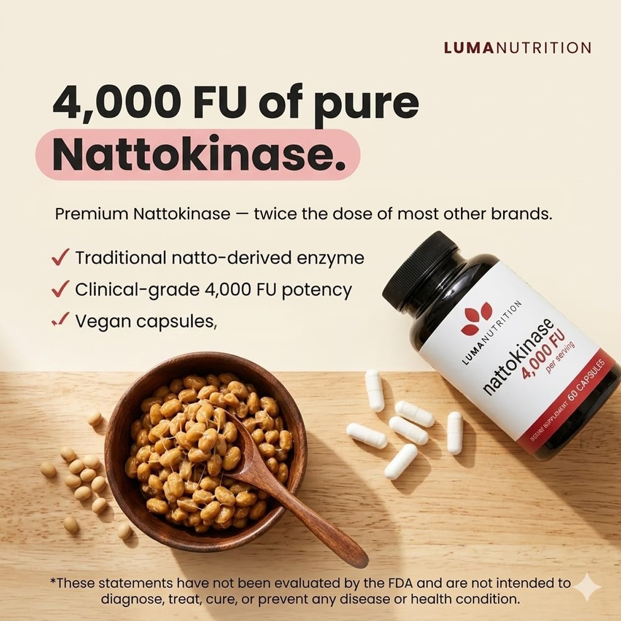 Luma Nutrition Nattokinase Supplement - Natto 4000 FU Per Serving, Premium Cardiovascular Support - Vegan & Gluten-free - 60 Capsules, 30 Servings - görsel 4