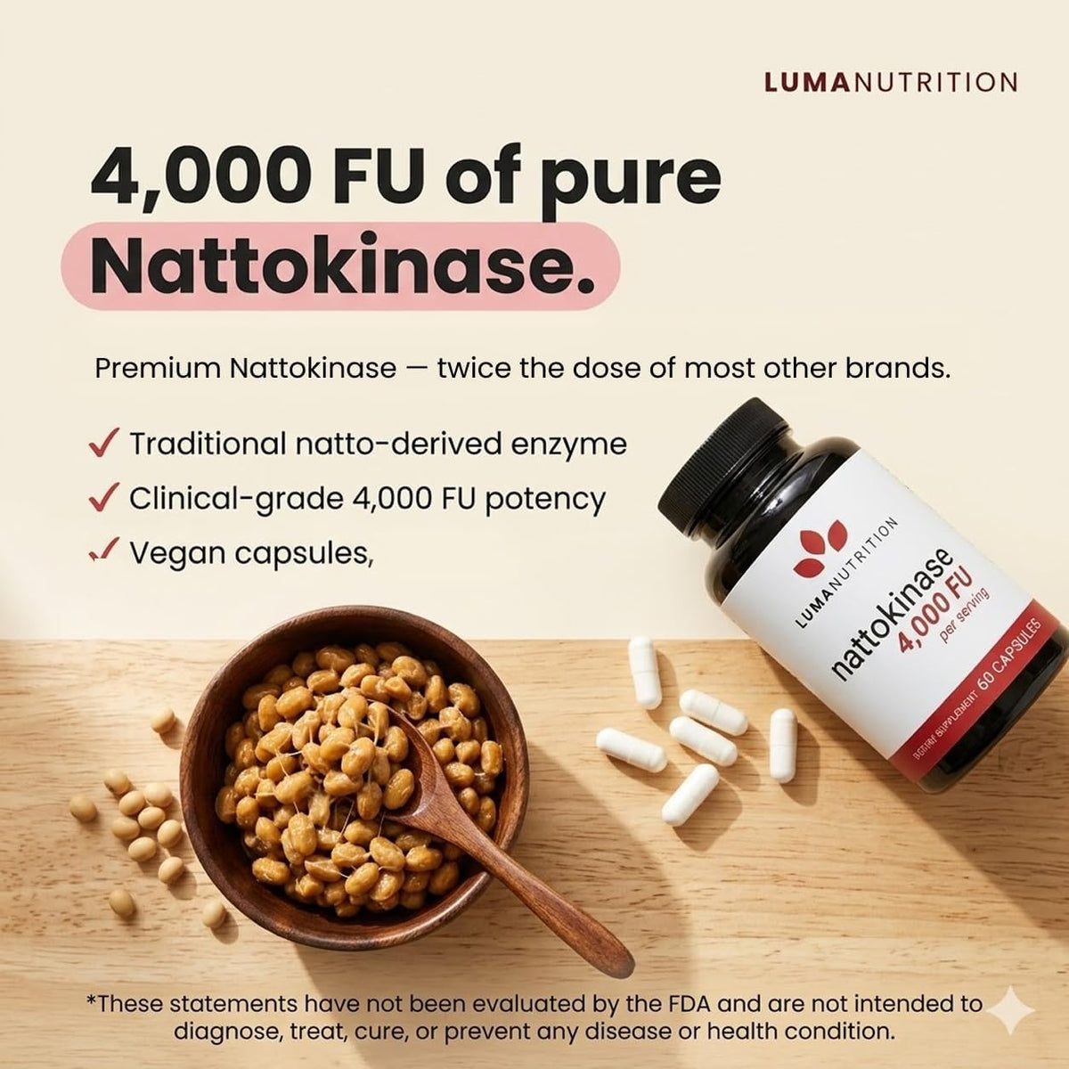 Luma Nutrition Nattokinase Supplement - Natto 4000 FU Per Serving, Premium Cardiovascular Support - Vegan & Gluten-free - 60 Capsules, 30 Servings - görsel 4