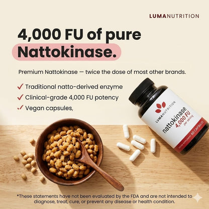 Luma Nutrition Nattokinase Supplement - Natto 4000 FU Per Serving, Premium Cardiovascular Support - Vegan & Gluten-free - 60 Capsules, 30 Servings