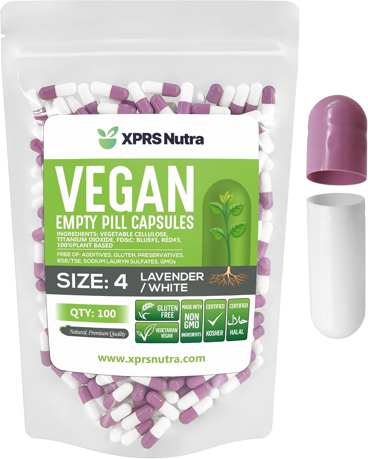 XPRS Nutra Size 4 Empty Capsules (Lavender/White) - 500 Count Vegan Capsules for DIY Filling - görsel 1