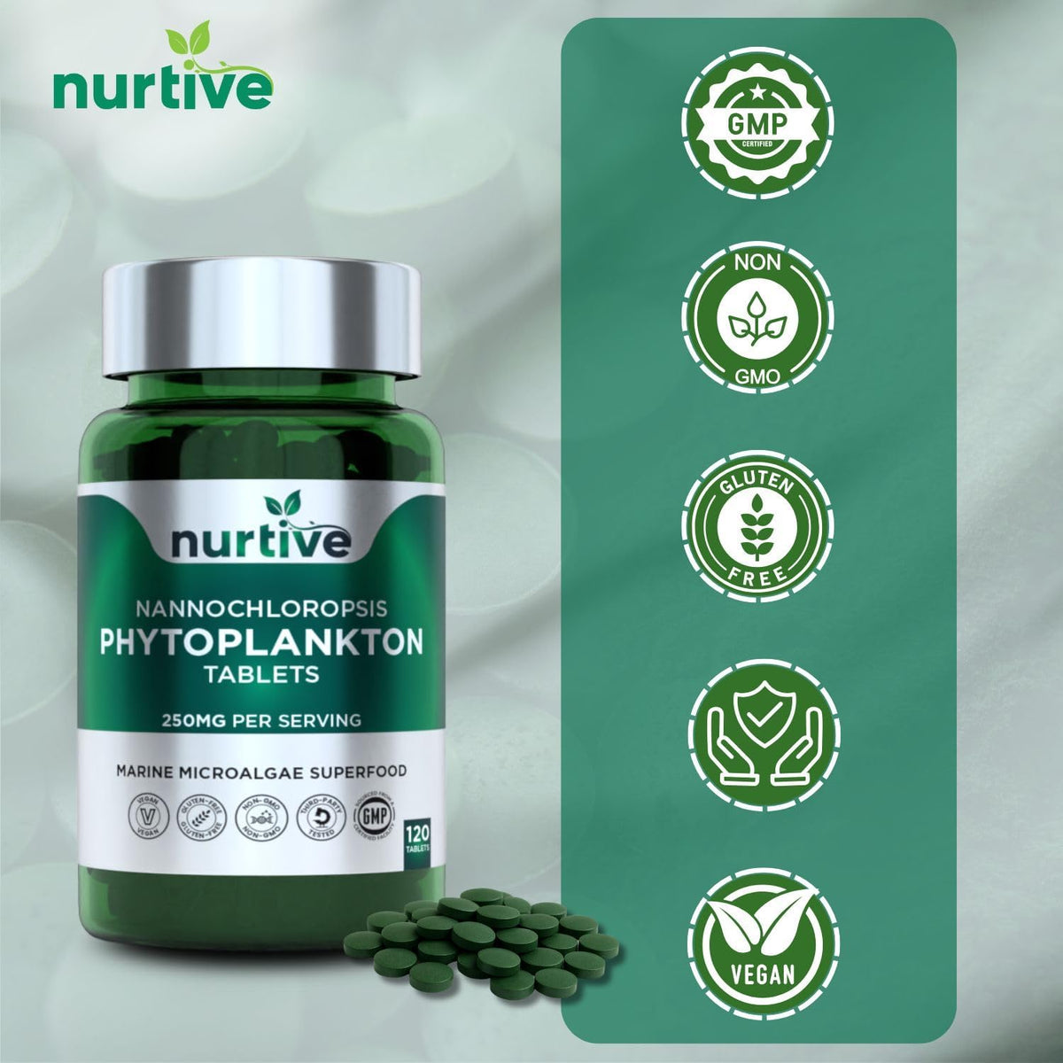 NURTIVE Nannochloropsis Phytoplankton Tablets – 250mg, 120 Tablets - görsel 5