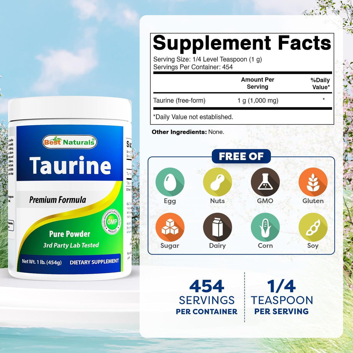 Best Naturals 100% Pure Taurine Powder - 1000mg per Serving, 454g (Pack of 3) - görsel 2