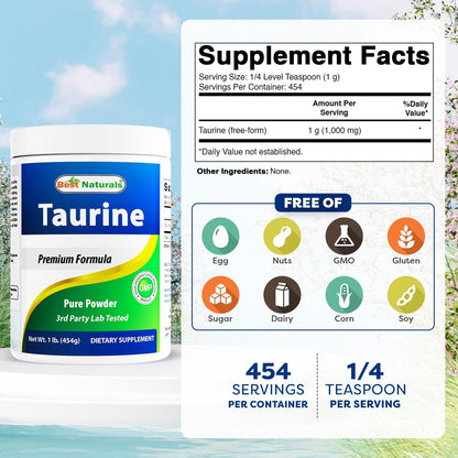 Best Naturals 100% Pure Taurine Powder - 1000mg per Serving, 454g (Pack of 3)