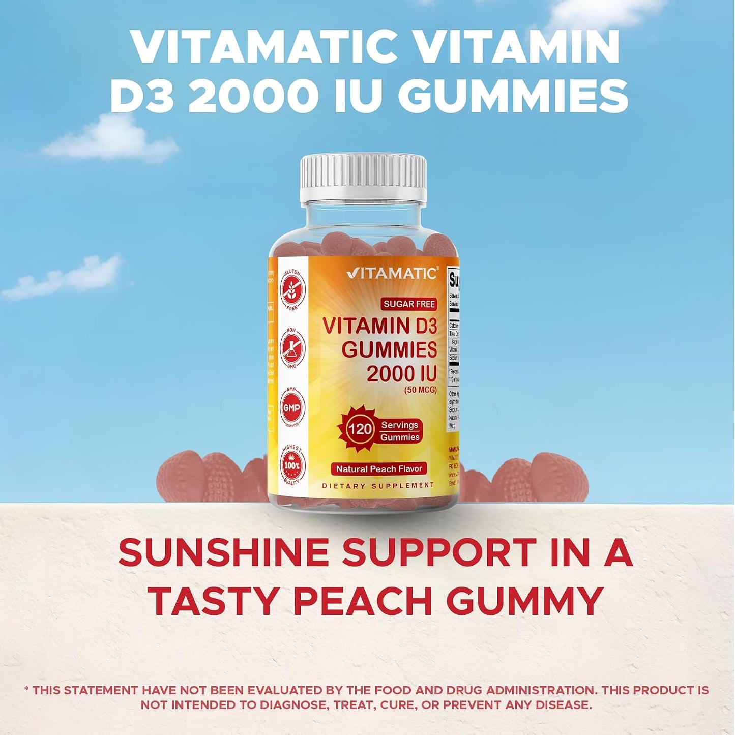 Vitamatic Sugar Free Vitamin D3 2000 IU Gummies - Peach Flavour, 120 Count - görsel 6
