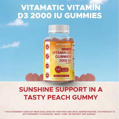 Vitamatic Sugar Free Vitamin D3 2000 IU Gummies - Peach Flavour, 120 Count