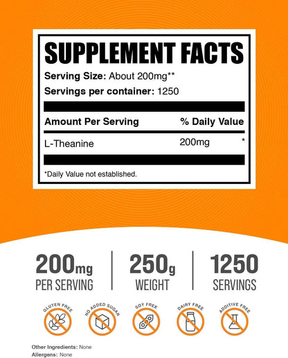BulkSupplements.com L-Theanine Powder - Pure L-Theanine Supplement, 200mg per Serving, 250g