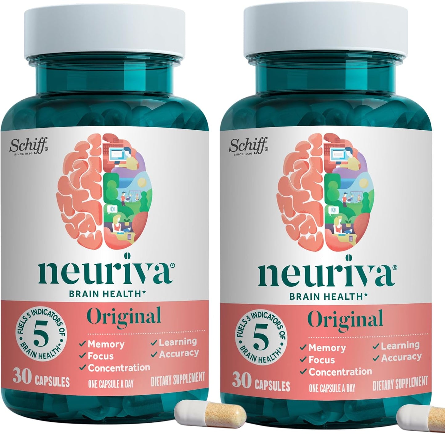 NEURIVA Original Brain Supplement for Memory, Focus and Concentration, 30 Capsules (2 Pack) - görsel 1