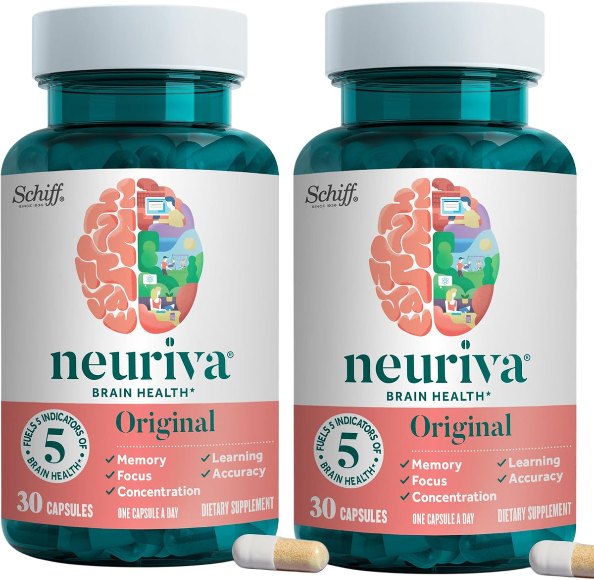 NEURIVA Original Brain Supplement for Memory, Focus and Concentration, 30 Capsules (2 Pack) - görsel 1