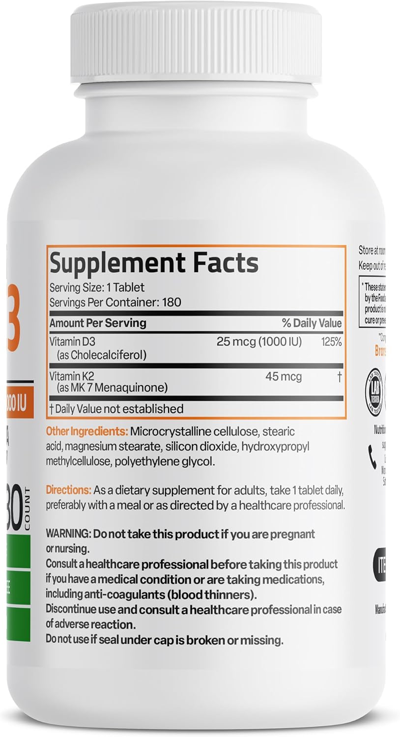 Bronson Vitamin K2 (MK-7) with D3 – 45 mcg K2 & 1000 IU D3 – 180 Mini Tablets - görsel 2