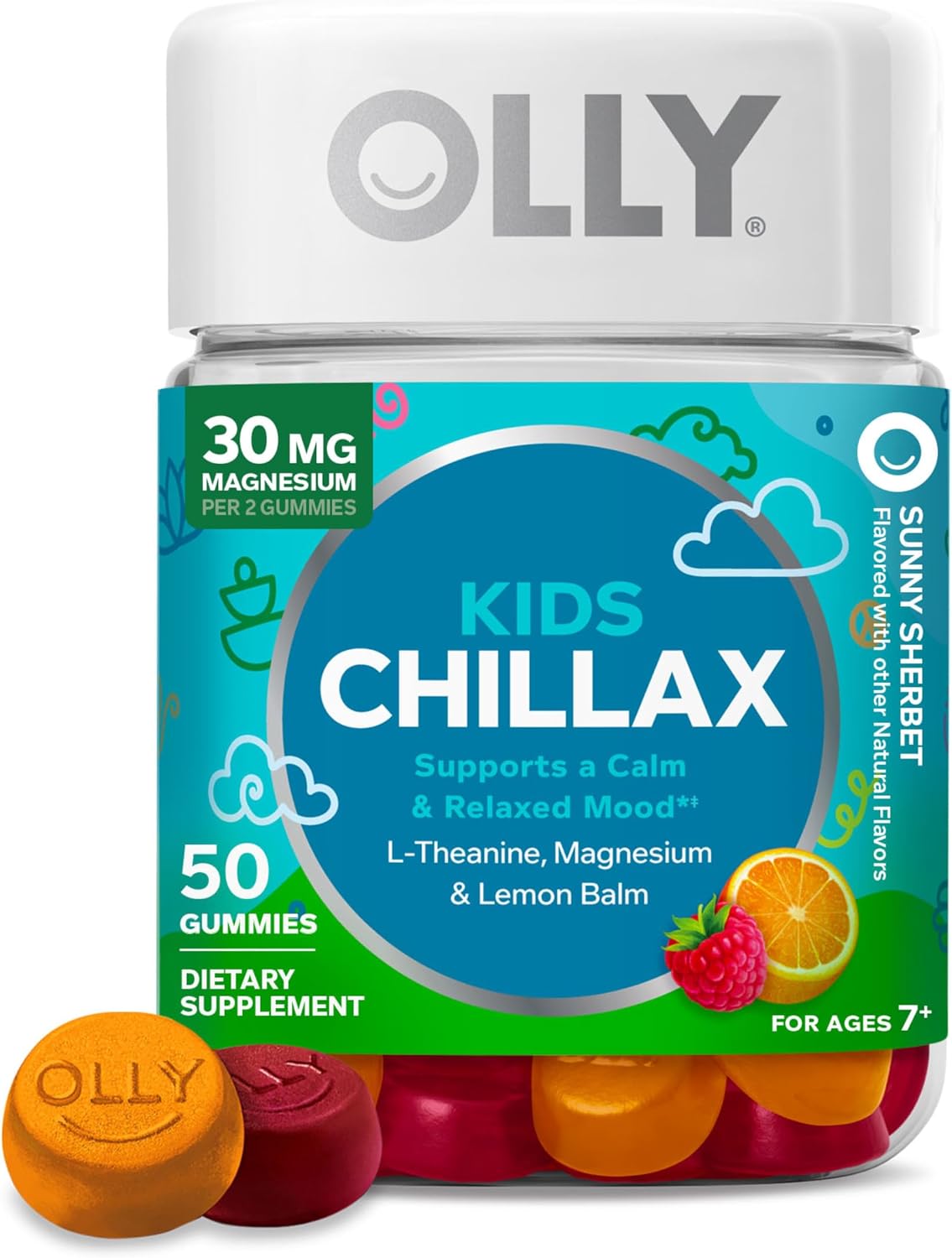OLLY Kids Chillax Gummy - Magnesium, L-Theanine & Lemon Balm - Calm Mood Support - Sherbet Flavoured - 50 Gummies – Image 1
