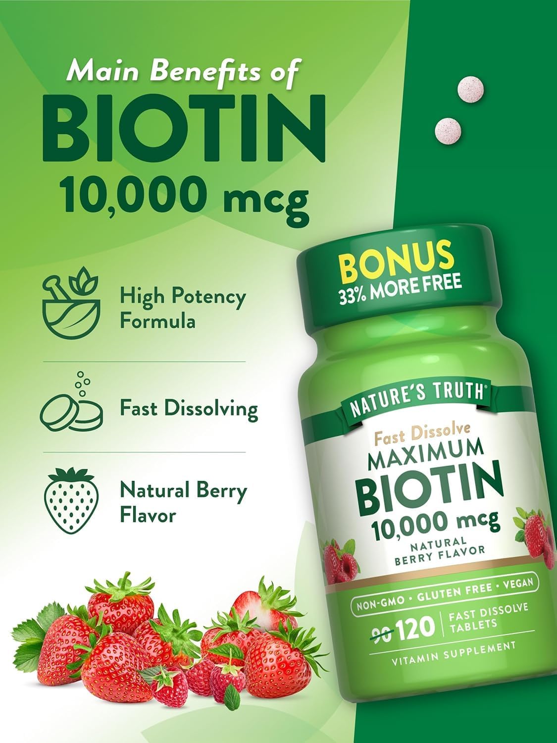 Nature's Truth Biotin 10,000 mcg Fast Dissolve Tablets, Natural Berry Flavour, 360 Tablets - görsel 5