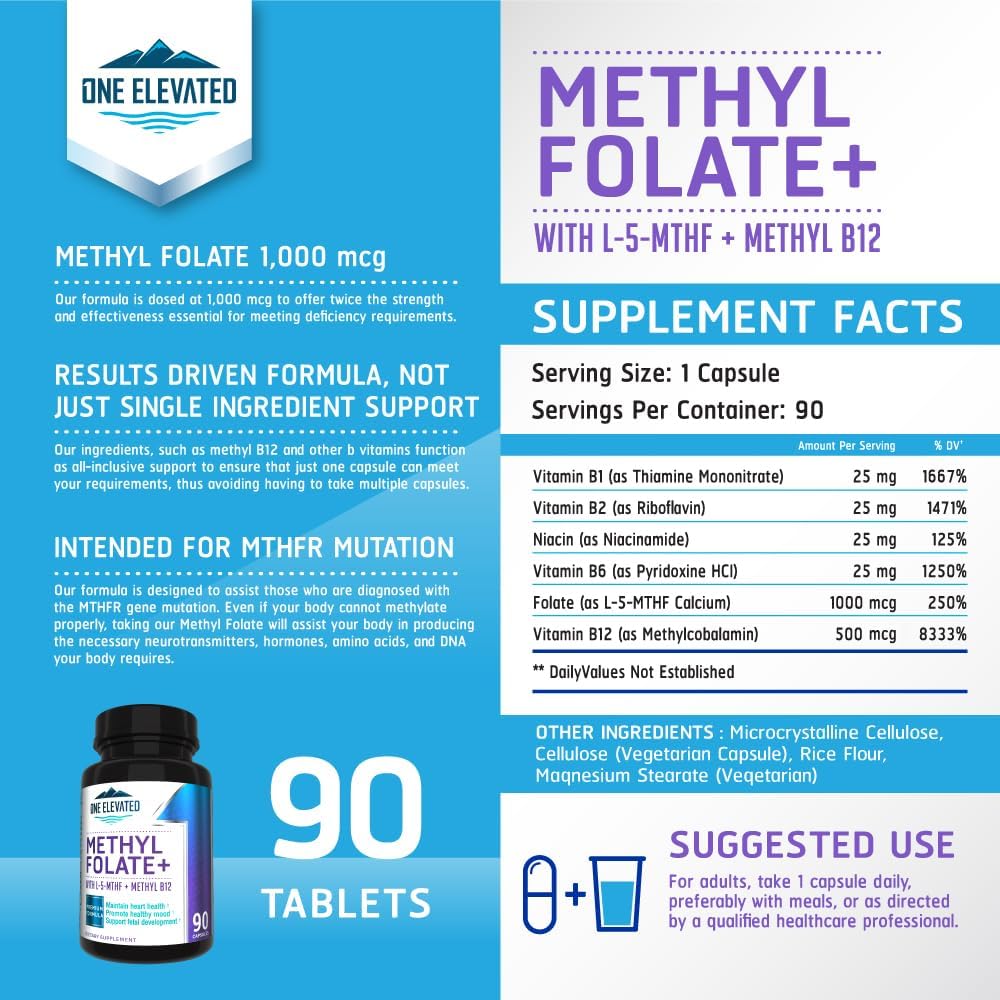 One Elevated Double Strength Methyl Folate with B12, B6, B2, B1, and Niacin - 90 Capsules (3-Month Supply) - görsel 2