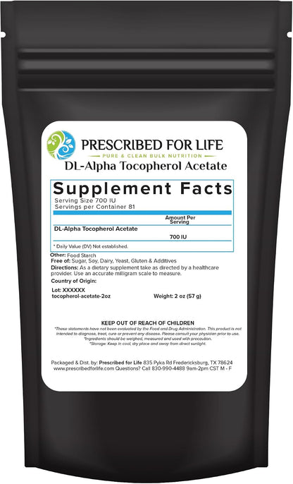 Prescribed For Life Tocopherol Acetate Powder, Water Soluble Alpha Vitamin E, 700 IU/g Powder, Vegan, Gluten-free, Non GMO (113g)