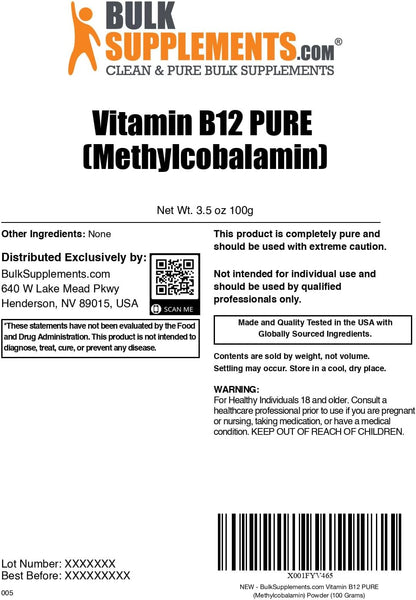 Pure Vitamin B12 Methylcobalamin Powder - 100g Bulk