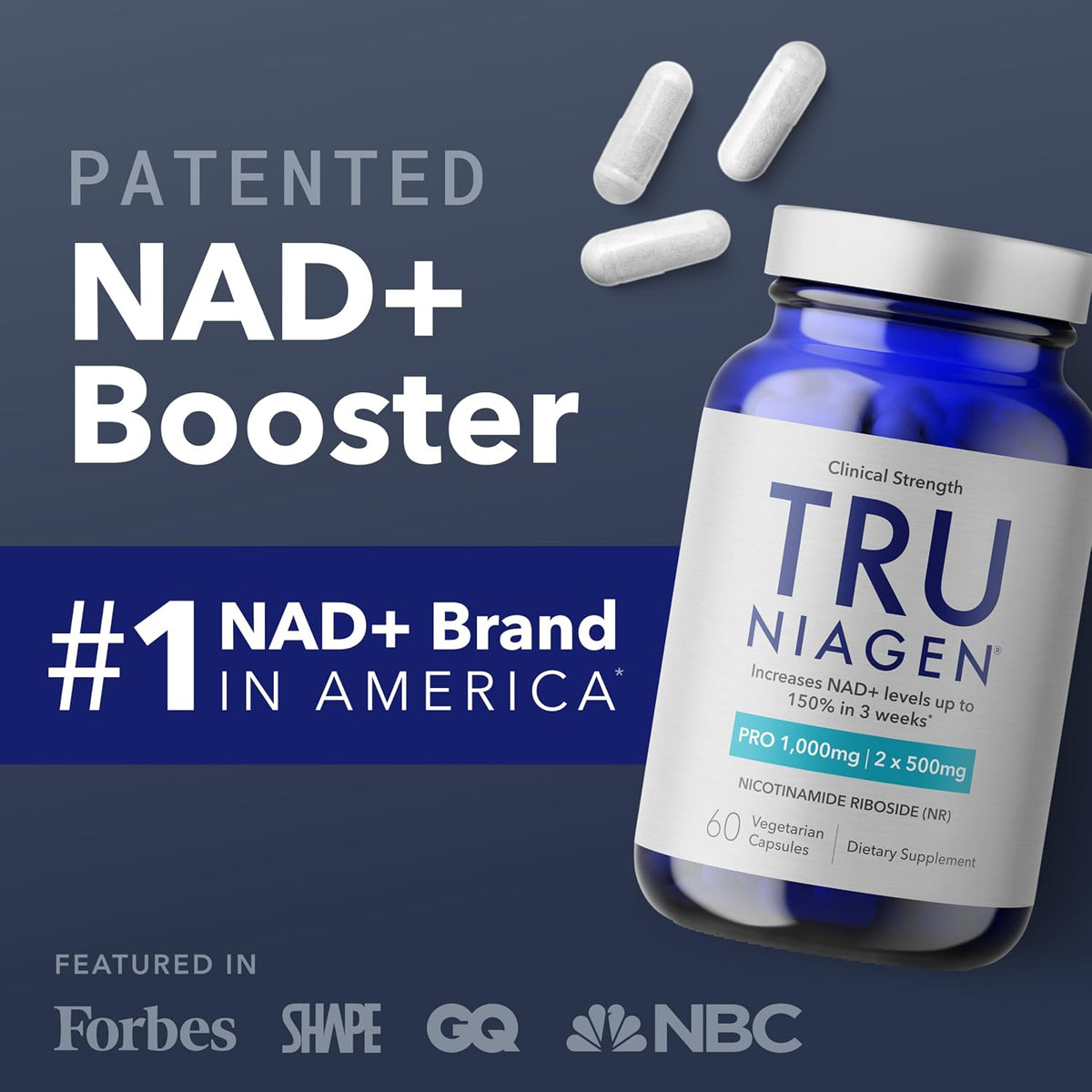 TRU NIAGEN Patented NAD+ Supplement | Nicotinamide Riboside (NR) | 30-1000mg Servings (2x500mg, Take 2 Daily) - görsel 1