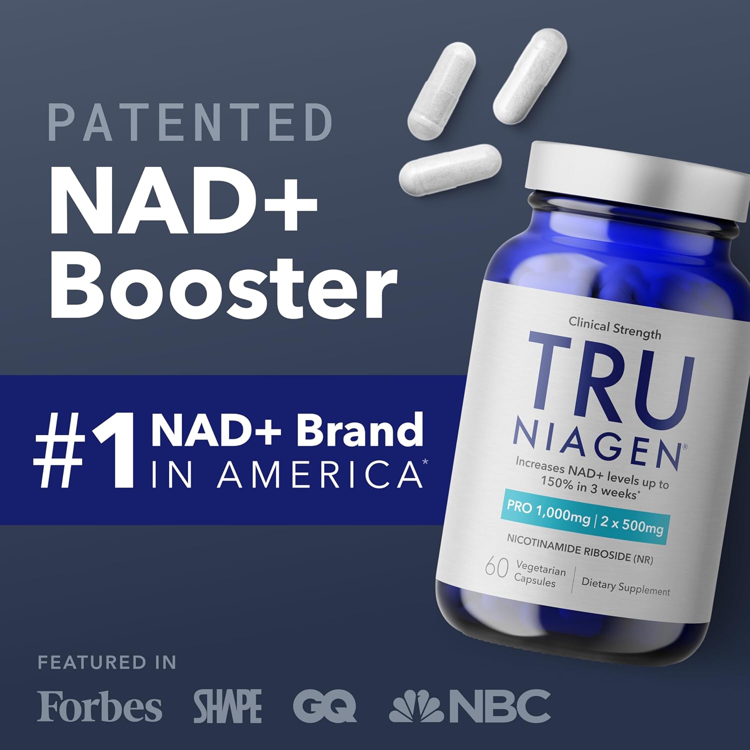 TRU NIAGEN Patented NAD+ Supplement | Nicotinamide Riboside (NR) | 30-1000mg Servings (2x500mg, Take 2 Daily) - görsel 1